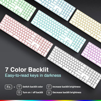 POWZAN Wireless Backlit Keyboard Quiet - Computer Rechargeable Ergonomic Light UP Keyboard, Silent Keys Full Size Compatible for Windows, Desktop, Laptop, PC, Gaming, PS5 - White - color: White