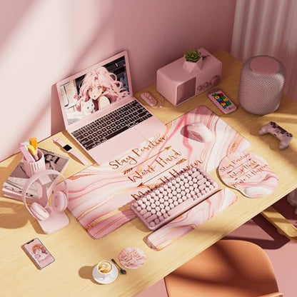 Large Mouse Pad and Keyboard Wrist Rest + Desk Mat Set,Full Long Mouse Pads for Desk Accessories with Memory Foam Gel Pink Mousepad for Women Computer Desktop Office Work-Rose Gold & Pink | Ergonomic,Pain Relief, 4-in-1 Large Big Mousepad Computer Mats,De