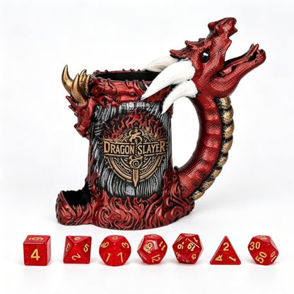 Dice Tower Mug, Dice Rolling Tower, Comes with 7 PCS Dice Set, Suitable for DND Dungeons and Dragons, Tabletop Games, Available As Drink Holder, D&D Gifts, DND Accessories (Gray-red Dragon) - color: Gray-red Dragon
