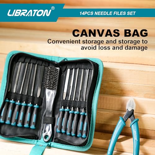 LIBRATON Needle File Set, Diamond Needle File Set, 14PCS Small File Set | 6 Diamond Files & 6 Carbon Steel Files with Wire Cutter, Steel Brush, Carry Bag, Jeweler File Tools for Soft Metal,Wood,Model - style: Needle File-14PCS