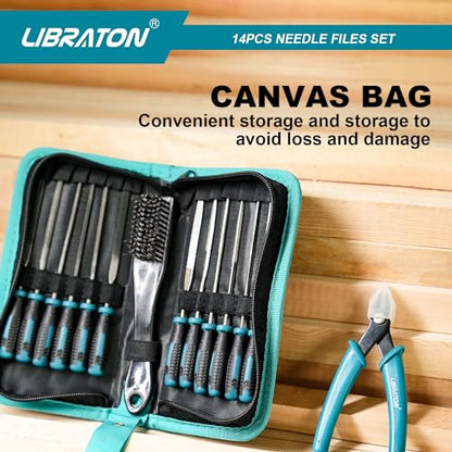 LIBRATON Needle File Set, Diamond Needle File Set, 14PCS Small File Set | 6 Diamond Files & 6 Carbon Steel Files with Wire Cutter, Steel Brush, Carry Bag, Jeweler File Tools for Soft Metal,Wood,Model - style: Needle File-14PCS