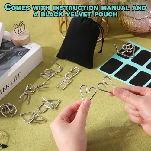 Metal Wire Puzzle Set of 8 with Pouch, Brain Teaser Puzzles IQ Test Ring Disentanglement Unlock Interlock Game Trick Metal for Party Favor Challenge(B Style) - style: B Style