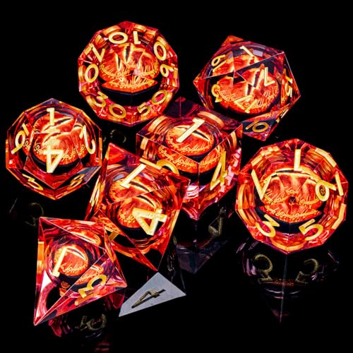 ARUOHHA DND Resin Dice Gazes Eye Dice Liquid Core Flaming RPG Sharp Edged Dice Set with Gift Box, Polyhedral D and D Dice Set Compatible with Dungeons Dragons Role Playing Game D20 D12 D10 D8 D6 - color: Sl01-gold Red