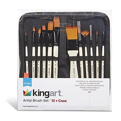 KINGART 12-Piece Professional Acrylic Painting Brush Set – Synthetic Nylon Brushes for Acrylic, Oil, Watercolor, Gouache – Canvas Case - Nail Miniature Detailing & Rock Painting