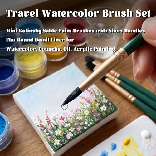 6-Piece Travel Watercolor Brush Set, Mini Kolinsky Sable Paint Brushes with Short Handles — Flat Round Detail Liner for Watercolor, Gouache, Oil, Acrylic Painting