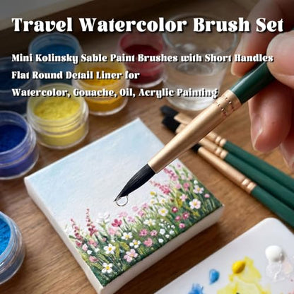 6-Piece Travel Watercolor Brush Set, Mini Kolinsky Sable Paint Brushes with Short Handles — Flat Round Detail Liner for Watercolor, Gouache, Oil, Acrylic Painting