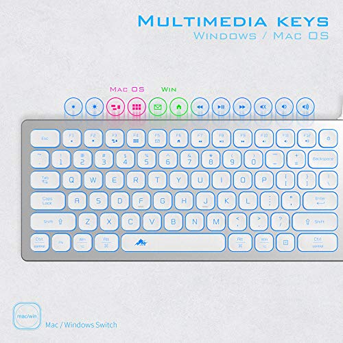 POWZAN Aluminum Quiet Wired Keyboard Backlit- Slim Chiclet Key Compatible with Apple iMac, MacBook, Mac and PC, USB Keyboard Numeric Keypad RGB Lighted Key - Silver White - color: KB770-Silver White