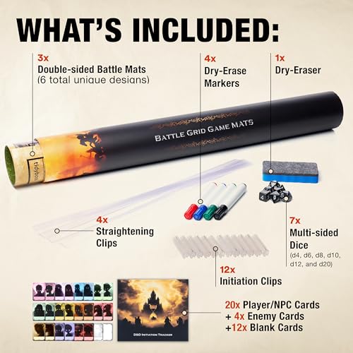 Tidyboss Dungeons and Dragons Starter Set | 3 X Double Sides 24x 36 Game Grid Mat with 50pcs Erasable Combat & Initiative Tracker | 6 Terrains Includes Dry Erase Markers, Eraser, Dice and Clips