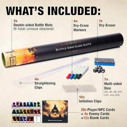 Tidyboss Dungeons and Dragons Starter Set | 3 X Double Sides 24x 36 Game Grid Mat with 50pcs Erasable Combat & Initiative Tracker | 6 Terrains Includes Dry Erase Markers, Eraser, Dice and Clips