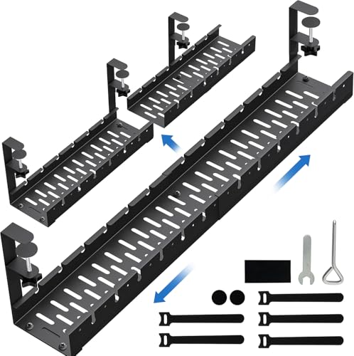No Drilling Extendable Under Desk Cable Management, Metal Cable Management Tray Under Desk with Clamp, Retractable Power Strip Cord Holder for Wire Management 31Inch(1 Pack Black Extendable 31') - color: 1 Pack Black Extendable 31'