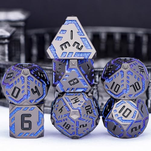 Metal DND Sci-fi Dice Set 7PCS Stripe Polyhedral Dice for Dungeons Dragons RPG Role Playing Game, Glitter D and D Dice with Gift Box D6 D8 D10 D12 D20 (Black&Blue Purple) - color: Black - Blue Purple