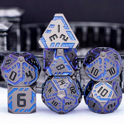 Metal DND Sci-fi Dice Set 7PCS Stripe Polyhedral Dice for Dungeons Dragons RPG Role Playing Game, Glitter D and D Dice with Gift Box D6 D8 D10 D12 D20 (Black&Blue Purple) - color: Black - Blue Purple
