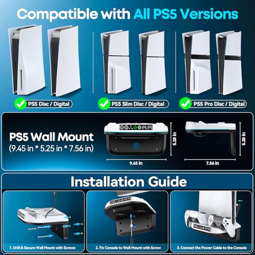 PS5 Wall Mount Kit with Cooling Fan and Charging Station Compatible with PS5/ Slim/Pro Disc and Digital, PS Five Floating Shelf with 9 RGB Lights, PS 5 Mount Behind TV, Sony PSP Cables - color: White And Black