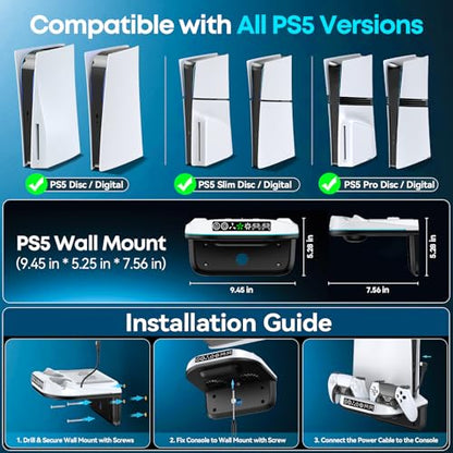 PS5 Wall Mount Kit with Cooling Fan and Charging Station Compatible with PS5/ Slim/Pro Disc and Digital, PS Five Floating Shelf with 9 RGB Lights, PS 5 Mount Behind TV, Sony PSP Cables - color: White And Black