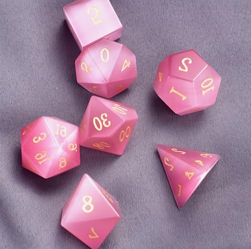Natural Gemstone DND Dice Set,7 Pcs Pink Cat's Eye Handmade Polyhedral D&D Dice with Gift Metal Box for Dungeons and Dragons MTG Role Playing Games (Pink Cat's Eye) - color: Pink Cat's Eye