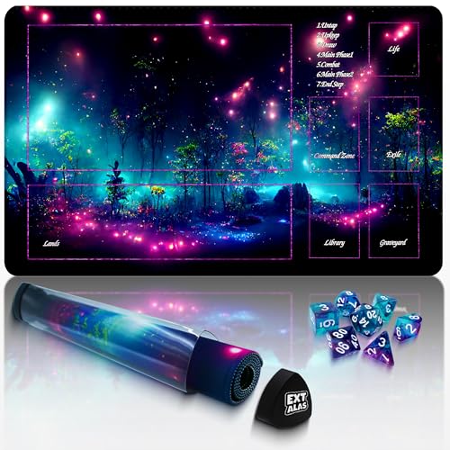 MTG Playmat with Storage Tube & 7-Dice Set - Waterproof TCG Playmat with Stitched Edges, Non-Slip Rubber Card Game Mat (24"x14") (playmat with Zones, Purple fluorescence2) - color: Purple Fluorescence2, style: playmat with zones
