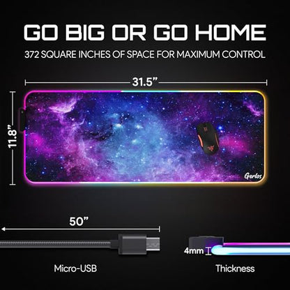 Gerlos RGB Gaming Mouse Pad, Large LED Desk Mat, 31.5 x 11.8 Inch | 12 light modes, non-slip base, water-resistant surface, stitched edges - color: Violet