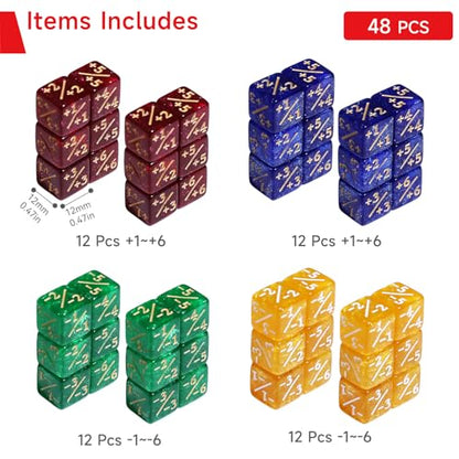 SIXPOINTS 48Pcs 12mm MTG Counter Dice Plus 1 Life Counters +1/+1 Tokens 4 Color 6 Sided Dice Set with Case for Magic The Gathering, MTG, TCG, Card Games Accessories (Blue &Yellow &Red &Green) - color: Blue &Yellow &Red &Green