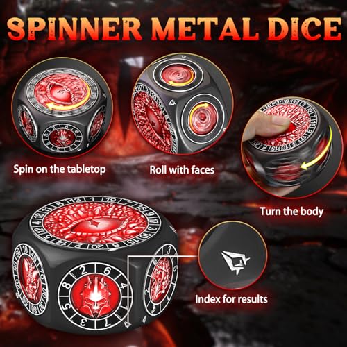 ZHOORQI 8-in-1 DND Dice Set – Metal Spinner Dice with Dual D20, 3D Monster Engravings & Smooth Spinning – Perfect for TTRPG, D and D Dungeons and Dragons Gifts (Black Dice-Red) - color: Black Red