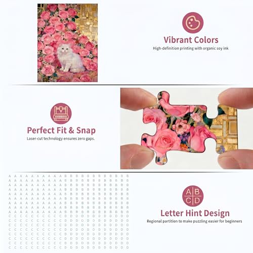 1000 Piece Puzzle for Adults, Elegant White Persian Cat with Pink Roses & Gold Art Nouveau Design, Premium Matte Finish, Thick Blue Cardboard, Perfect for Jigsaw Puzzles Lovers - color: Rose Gold Whiskers