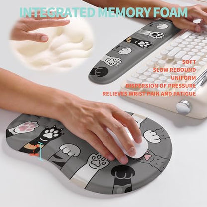2-in-1 Ergonomic Set, Wave Rise Keyboard Wrist Rest and Massage Bulge Slope Mouse Pad Wrist Support, Cushion Memory Foam Integrated to Relieve Wrist Pain, Cute Cat Paws - color: Cute Cat Paws
