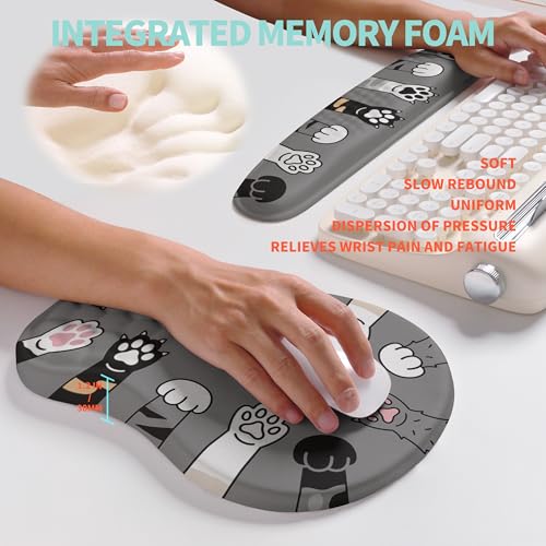 2-in-1 Ergonomic Set, Wave Rise Keyboard Wrist Rest and Massage Bulge Slope Mouse Pad Wrist Support, Cushion Memory Foam Integrated to Relieve Wrist Pain, Cute Cat Paws - color: Cute Cat Paws