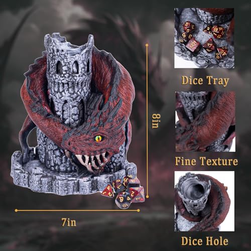 WodGod Red Dragon Castle Dice Tower（with 7Pcs Polyhedral Dice）,for Tabletop Games, D&D and RPG Games,Dungeons and Dragons,DND Dice Tower,Perfect Table Decoration & Party Surprise Gifts