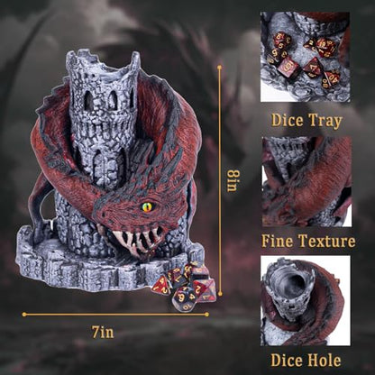 WodGod Red Dragon Castle Dice Tower（with 7Pcs Polyhedral Dice）,for Tabletop Games, D&D and RPG Games,Dungeons and Dragons,DND Dice Tower,Perfect Table Decoration & Party Surprise Gifts
