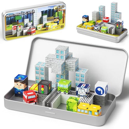 City Traffic Magnetic Blocks Set Travel Toys with Carrying Case | 35PCS STEM Toys for Kids Ages 3-8 Child-Safe with Fully Encased Magnets Car/Airplane Toddler Toy Birthday - style: City Traffic 35