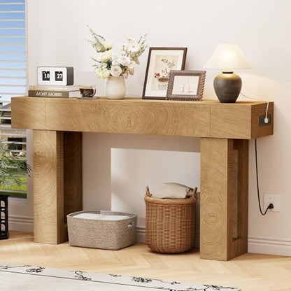 63 Inch Long Console Table w/Outlets & USB Ports, Narrow Rectangular Sofa Table Behind The Couch, Farmhouse Entryway Table for Entrance, Hallway, Living Room - color: Natural, style: With Socket