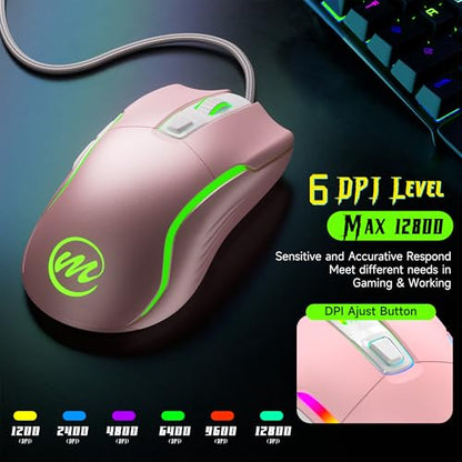 memzuoix Wired Gaming Mouse with RGB - 6 Adjustable DPI up to 12800, 6 Buttons, 12 Lighting Modes, Ergonomic Design with Anti-Slip Rubber Wheel, 5.6ft Braided Cable for PC/Mac/Windows - Pink - color: pink