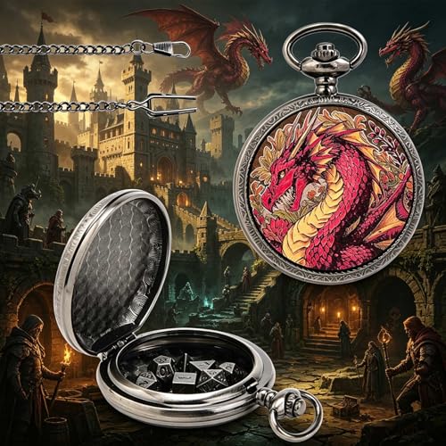 DragonSword D&D Dice Set with Pocket Watch Case, 7PCS Metal Dice Set for DND, Mini Dice with Gifts Case, Role Playing Board Games Accessories Gifts (3-Headed Dragon) - color: 3-headed Dragon