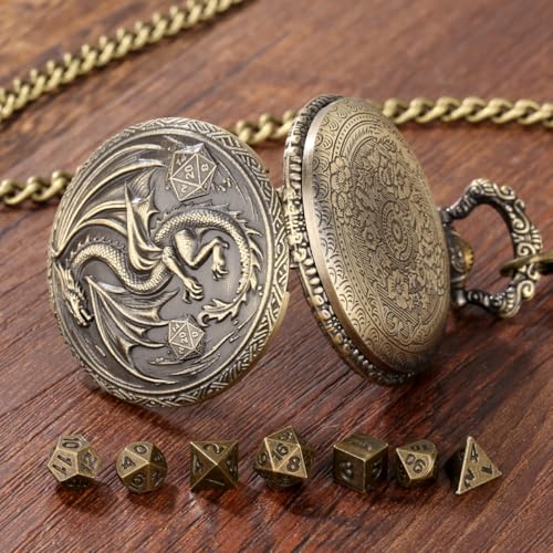 Mini DND Dice Set, with Steampunk Winged Dragon Pocket Watch Shell Case, 7-Piece Polyhedral Metal D&D Dice, DND Gift Bag with Dragon Logo, MTG, Role Play Board Game Accessories, Bronze - color: Bronze