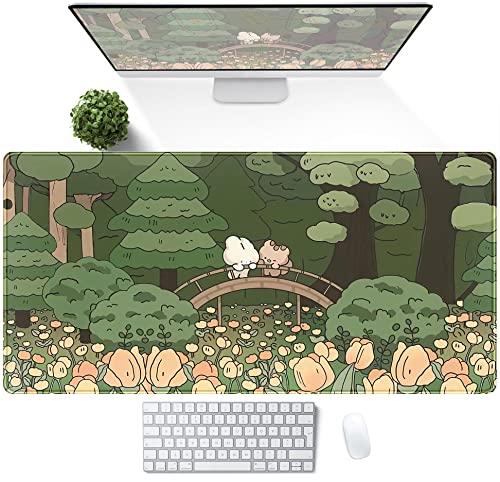 Anime Forest Desk Mat,Cute Green Mouse Pad,Kawaii Aesthetic Full Desktop Pad XXL Gaming Mousemat XL, Extended Korean Animals Bear Bunny Keyboard Mat Large 31.5x15.7 Inch Non-Slip&Stitched Edges - color: A Orange Flowers