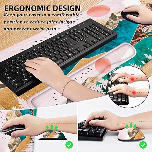 LATEEFAH Large Mouse Pad and Keyboard Wrist Rest, Desk Pad for Keyboard and Mouse, Extended Gaming Mouse Pad with Wrist Support, Waterproof Non-Slip Desk Mouse Mat for Office, Home - color: 4pcs-Art Mountains