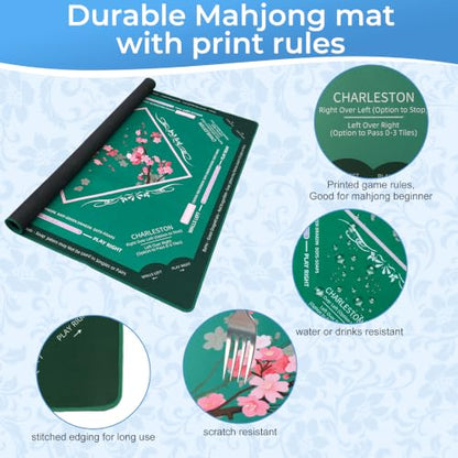 American Mahjong Mat Dark Green Plum Blossoms Design | 31.5" x 31.5" Mahjong Table Mat Non Slip Backing Smooth Surface with Velvet Bag Storage for Mahjong Tiles Player - color: Dark Green Plum Blossoms