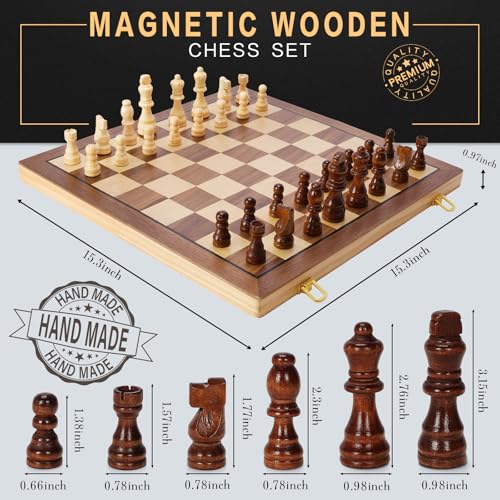 Magnetic Wooden Chess Set for Adults Kids, 15" Folding Chess Boards with 2 Extra Queens, Portable Travel Chess Sets with Pieces Storage Slots, Beginner Chess Game Set for Kids, Adults - style: Magnetic Chess Set
