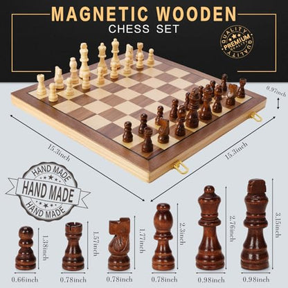 Magnetic Wooden Chess Set for Adults Kids, 15" Folding Chess Boards with 2 Extra Queens, Portable Travel Chess Sets with Pieces Storage Slots, Beginner Chess Game Set for Kids, Adults - style: Magnetic Chess Set