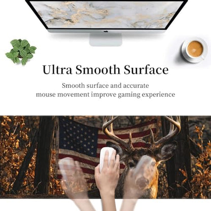 American Flag Whitetail Deer Mouse Pad, X-Large Gaming Desk Mat (31.5 x 11.8 in), Non-Slip Rubber Base Extended Mousepad with Stitched Edges for Office & Home - color: 26