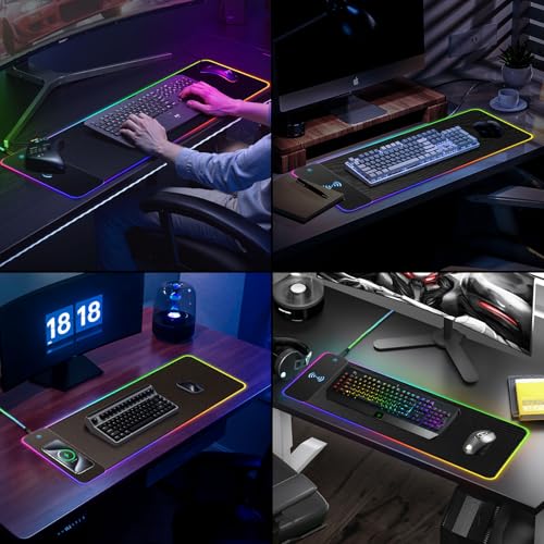 RGB Gaming Mouse Pad with Wireless Charging 15W, XXL Extra Large LED Mousepad 800x300x4mm, 13 Light Modes Mouse Mat Non-Slip Rubber Base, Waterproof Computer Pad for Home Office Gaming Desk Decor