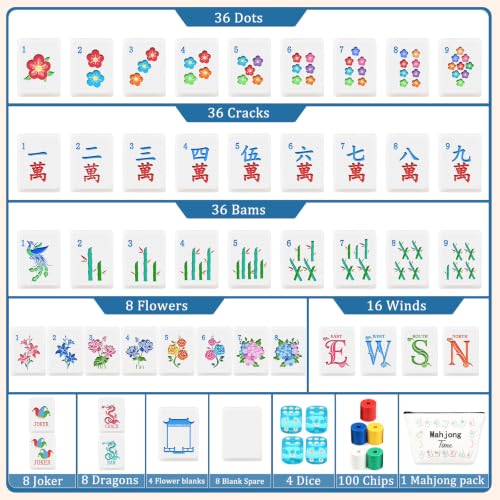 160 American Mahjong Tile Set with Bag 1.2'' Blue Mah Jongg Tiles | Travel Floral Engraved Melamine Mahjong Set for Beginner Friends Clubs Family Game Night Gifts (4 Dice, 100 Poker Chips)