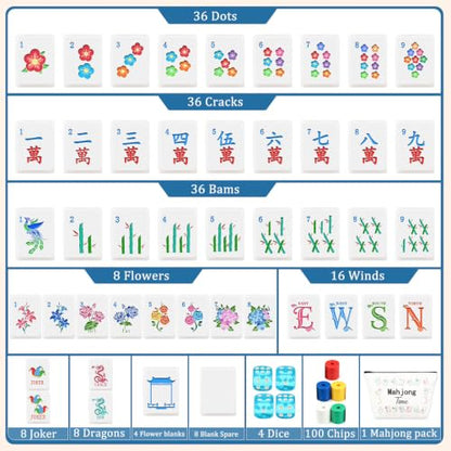 160 American Mahjong Tile Set with Bag 1.2'' Blue Mah Jongg Tiles | Travel Floral Engraved Melamine Mahjong Set for Beginner Friends Clubs Family Game Night Gifts (4 Dice, 100 Poker Chips)
