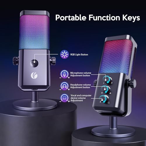 VCOM USB Microphone for PC, RGB Gaming Microphone with Mute Button, Gain Control, Monitoring Headphone 3.5mm Jack, PC Mic for Gaming, Streaming, Podcast, VoiceOver, Recording