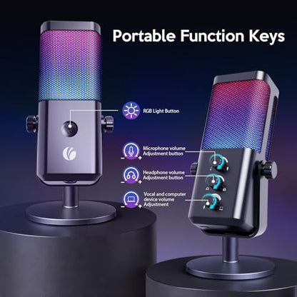 VCOM USB Microphone for PC, RGB Gaming Microphone with Mute Button, Gain Control, Monitoring Headphone 3.5mm Jack, PC Mic for Gaming, Streaming, Podcast, VoiceOver, Recording