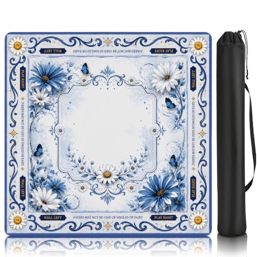 Blue White Daisy Butterfly Mahjong Mat for Table 31.5''x31.5'', Non-Slip Noise Reduction Mah Jongg Mats with Carrying Bag for American Mahjong, Poker, Board Games, Card Games & Dominoes - color: Blue White Daisy Butterfly