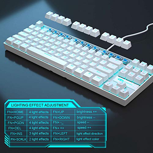 MageGee Mechanical Gaming Keyboard with Blue Switch, Compact 87 Keys Wired Computer Keyboard for Windows Laptop PC Gamer, LED Ice Blue Backlit, White - color: White/Blue Switch