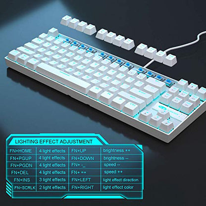 MageGee Mechanical Gaming Keyboard with Blue Switch, Compact 87 Keys Wired Computer Keyboard for Windows Laptop PC Gamer, LED Ice Blue Backlit, White - color: White/Blue Switch