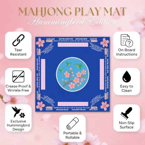 American Mahjong Mat with Rules Printed (33x33, 2.5mm Thick, Hummingbird Blue) Mahjong Mat for Table w/Bag, Crease-Proof Waterproof Non-Slip, Soft Mahjong Table Mat, Noise Reduction - color: Hummingbird Blue Mat