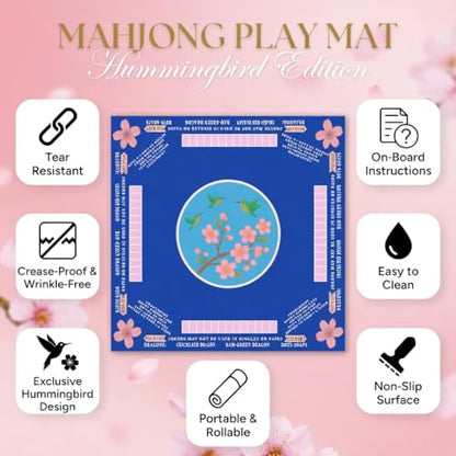 American Mahjong Mat with Rules Printed (33x33, 2.5mm Thick, Hummingbird Blue) Mahjong Mat for Table w/Bag, Crease-Proof Waterproof Non-Slip, Soft Mahjong Table Mat, Noise Reduction - color: Hummingbird Blue Mat
