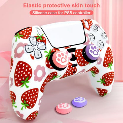 Strawberry Silicone Cover for PS5 Controller - Anti-Slip Protective Skin Grip with 2 Thumb Caps | Cute Pink Kawaii Gaming Accessory (Soft Touch, Washable) - color: Pink Strawberry